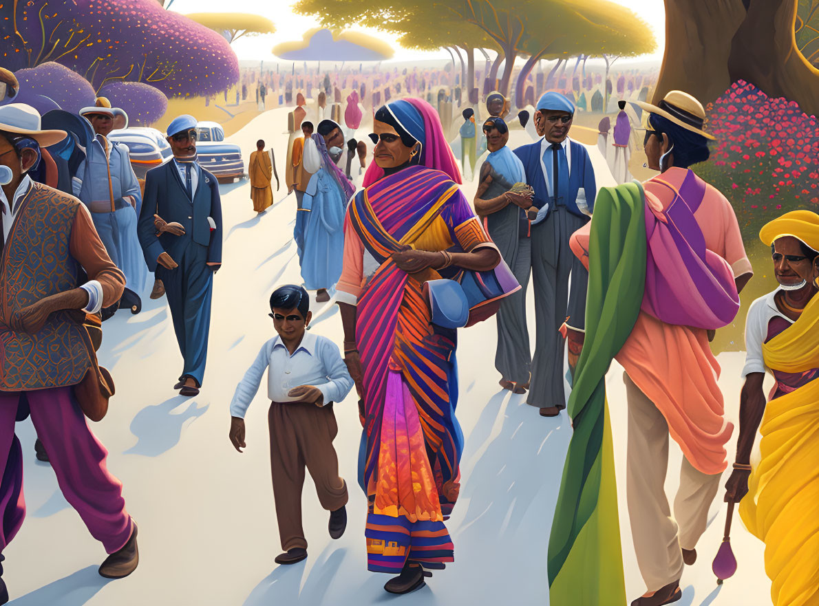 Colorful painting of diverse people walking among purple trees