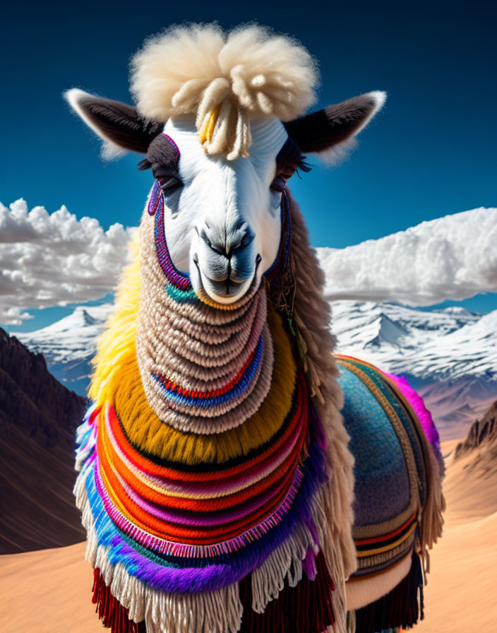 Colorfully dressed llama against mountainous backdrop