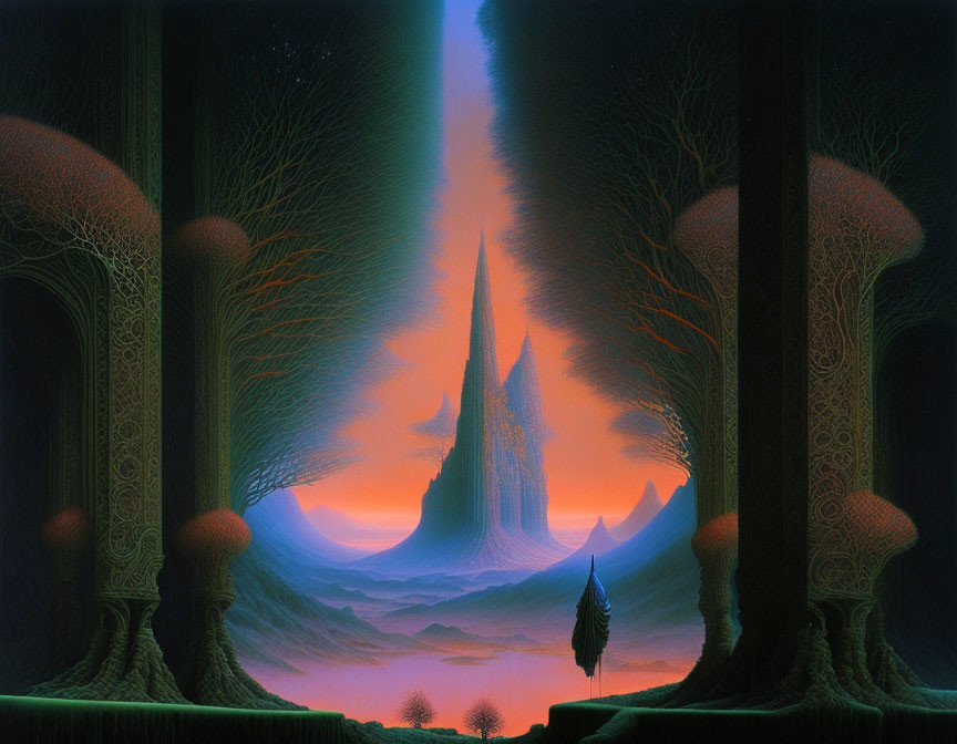 Fantastical landscape with ornate pillars and towering spire under starry sky