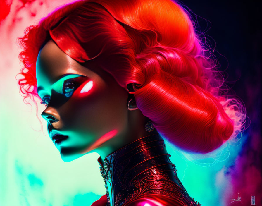 Portrait of Woman with Luminescent Skin and Red Hair under Red and Blue Lighting