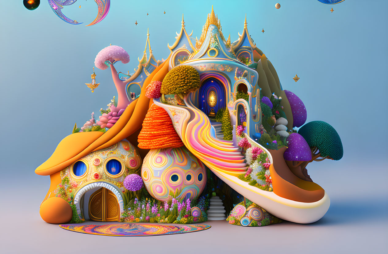 Colorful 3D surreal house with mushroom-like structures and floating orbs