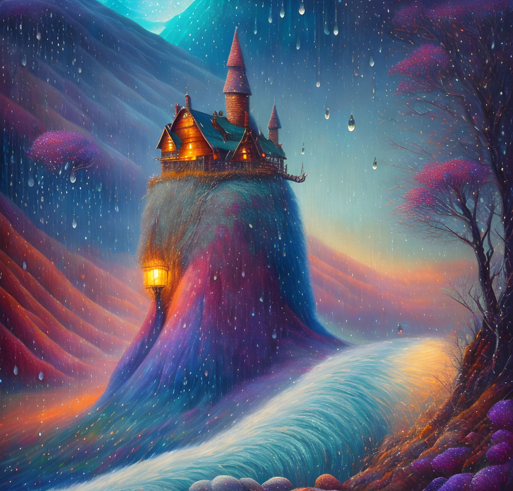 Glowing castle on hill in magical fantasy landscape