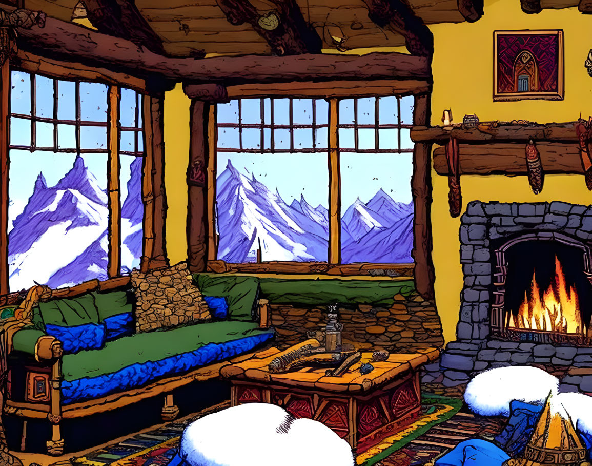 Inviting Cabin Interior with Fireplace, Comfy Couches, Wooden Table, and Mountain View