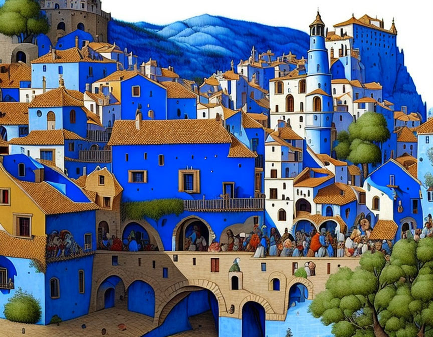 Whimsical painting of vibrant blue town with busy streets