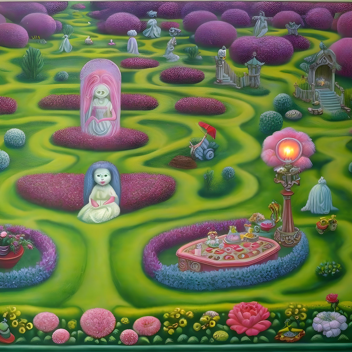 Green landscape with pink path, stylized figures, trees, shrubs, whimsical elements, and