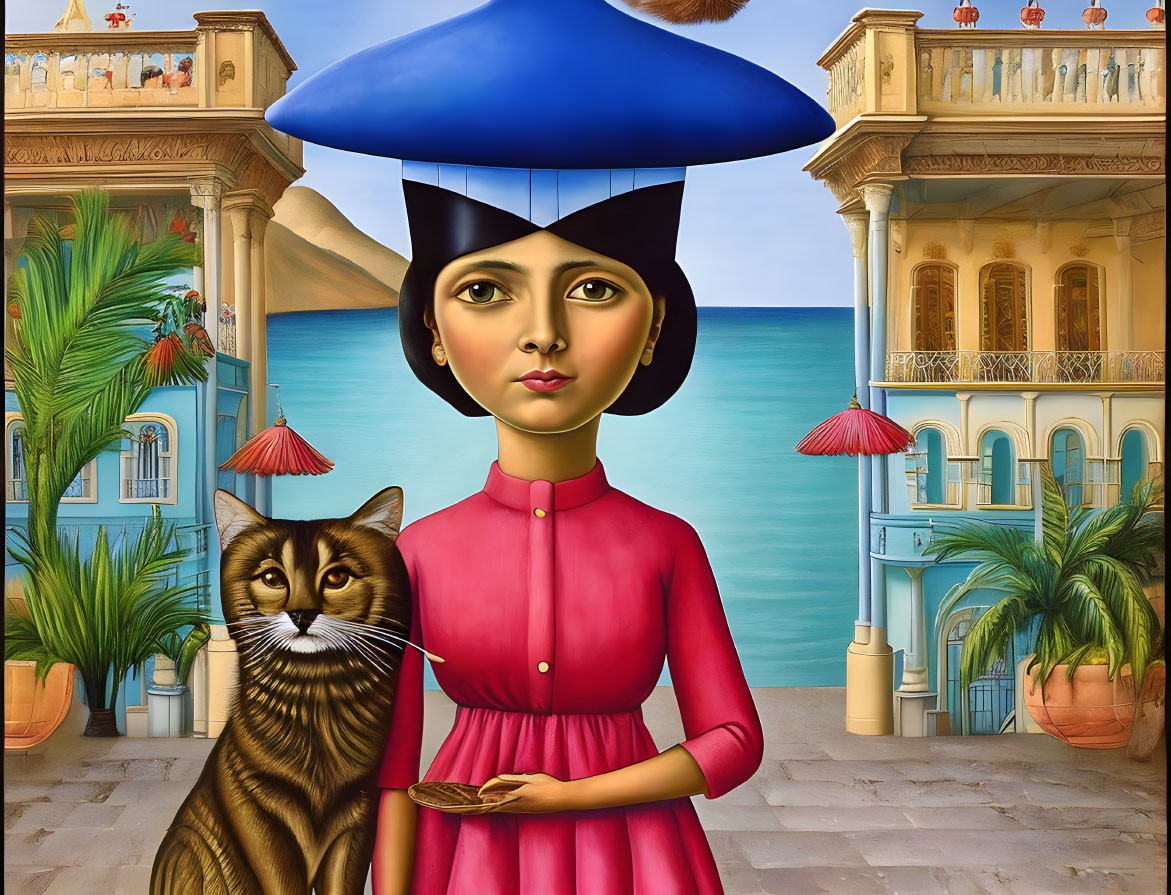 Surreal painting: Woman in oversized blue hat with cat and colorful buildings