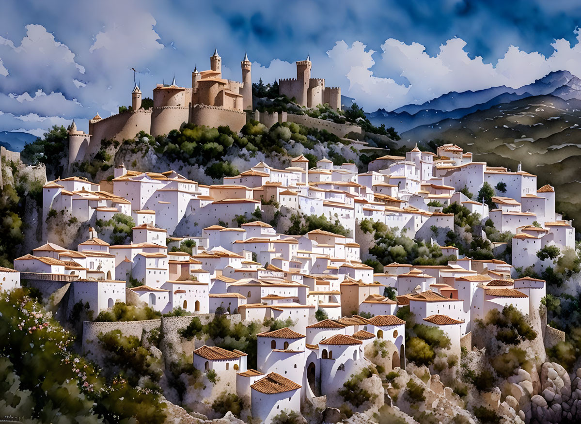 Hilltop village with white buildings, terracotta roofs, and grand castle under dramatic sky