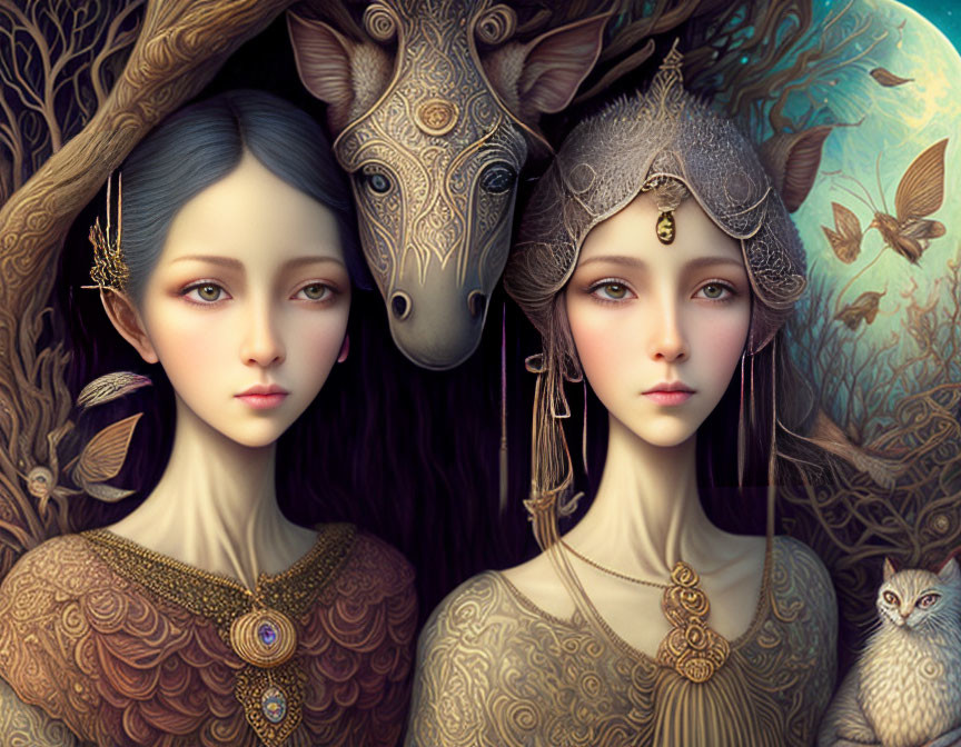 Ethereal women with gold jewelry, giraffe, owl, and butterflies in lush setting