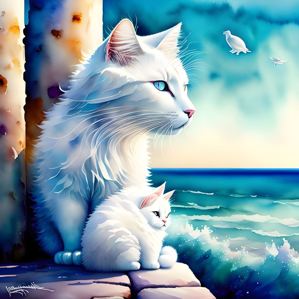 White Cat and Kitten by Blue Sea with Seagulls