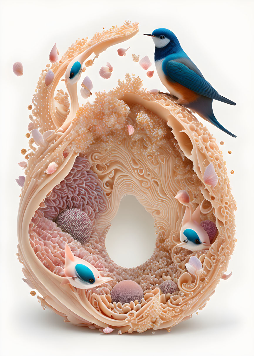 Surreal artistic illustration of coral number nine with blue bird and smaller birds.