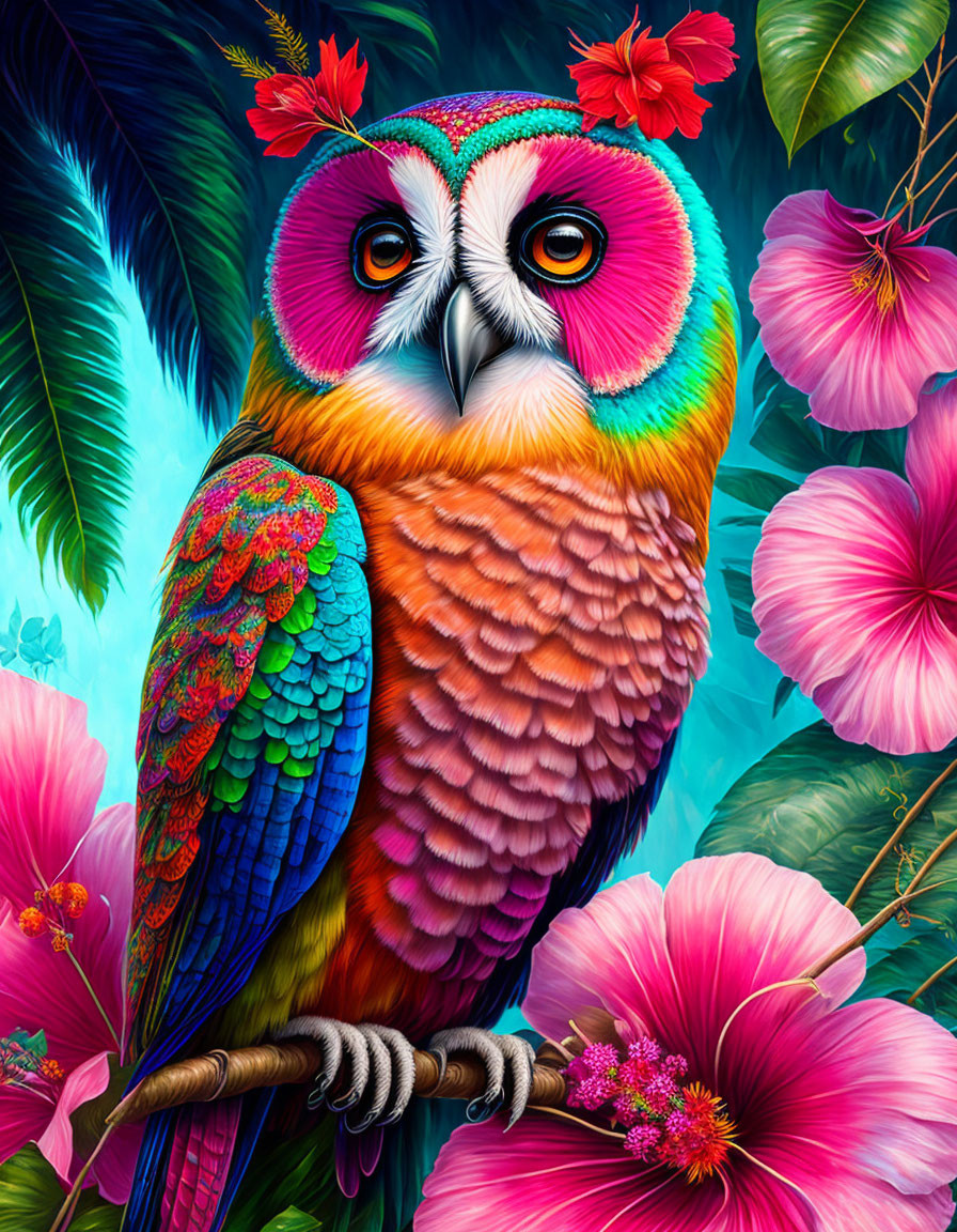 Colorful Owl Perched on Branch Surrounded by Tropical Flowers