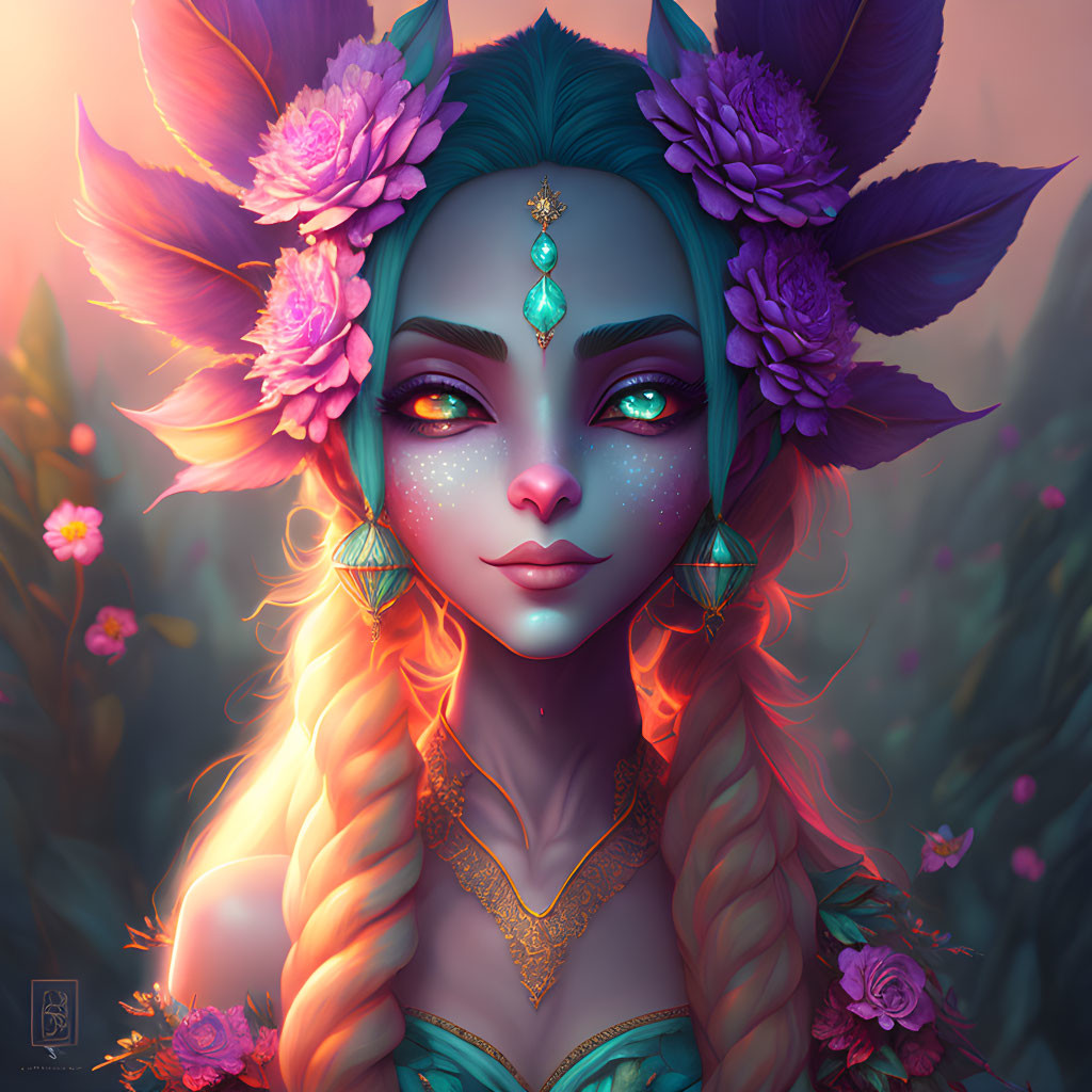 Fantastical female figure with glowing eyes and floral adornments on dreamy backdrop.