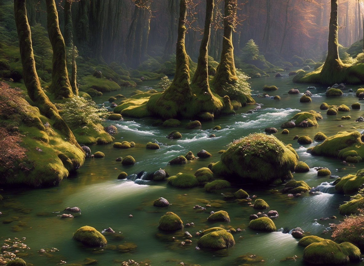 Serene forest scene with moss-covered rocks, trees, and stream