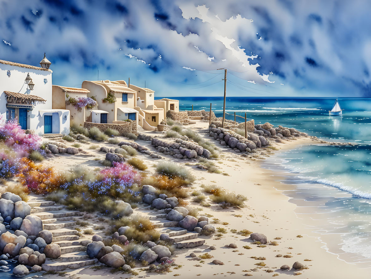 Scenic coastal view with quaint houses, sandy beach, wildflowers, clear sky, and sailboat