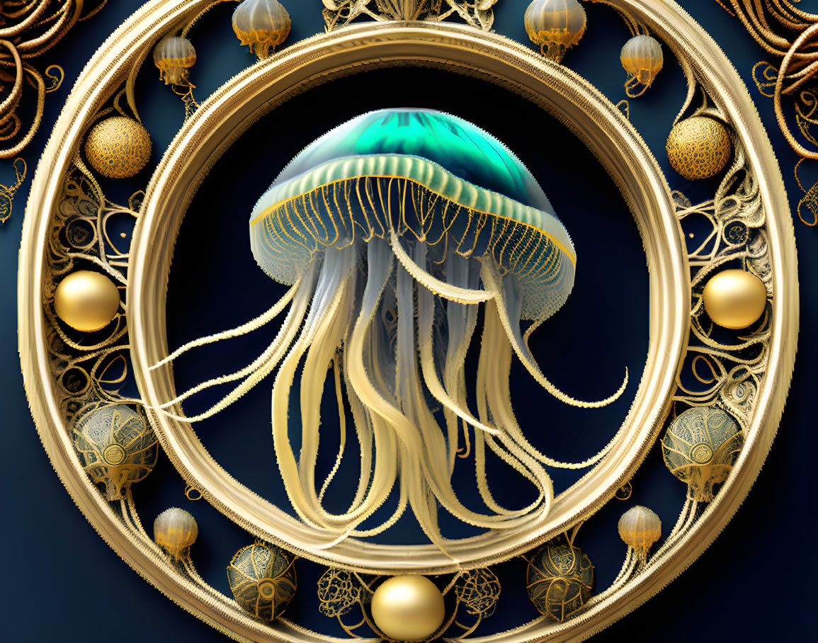 Luminous jellyfish in golden frame with intricate patterns