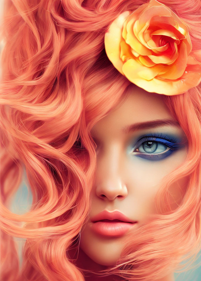 Portrait of woman with coral-pink curls and yellow rose, blue eye makeup