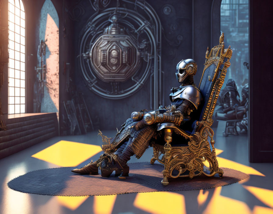 Robot in Medieval Armor on Golden Throne in Futuristic Room