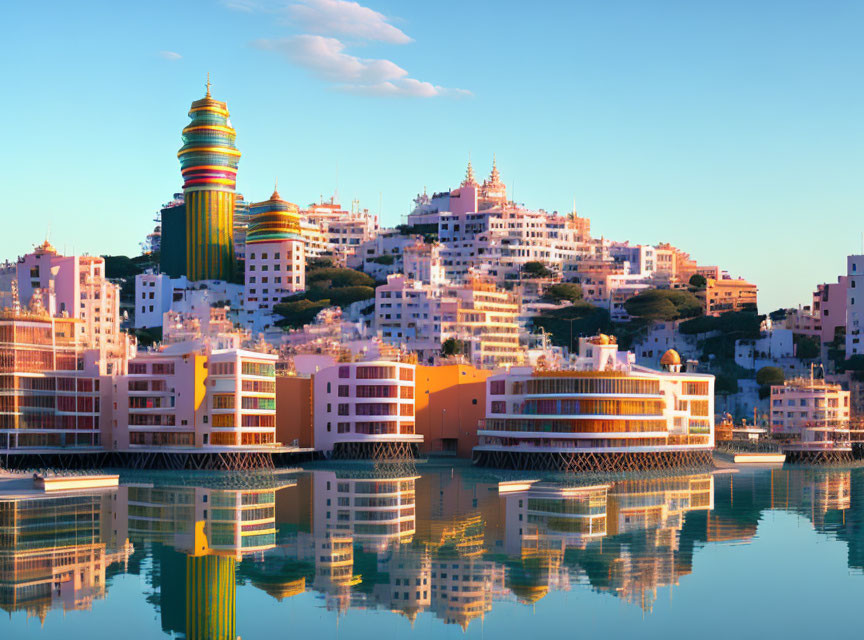 Colorful Coastal Cityscape at Sunset with Spiral Tower and Hilltop Structures