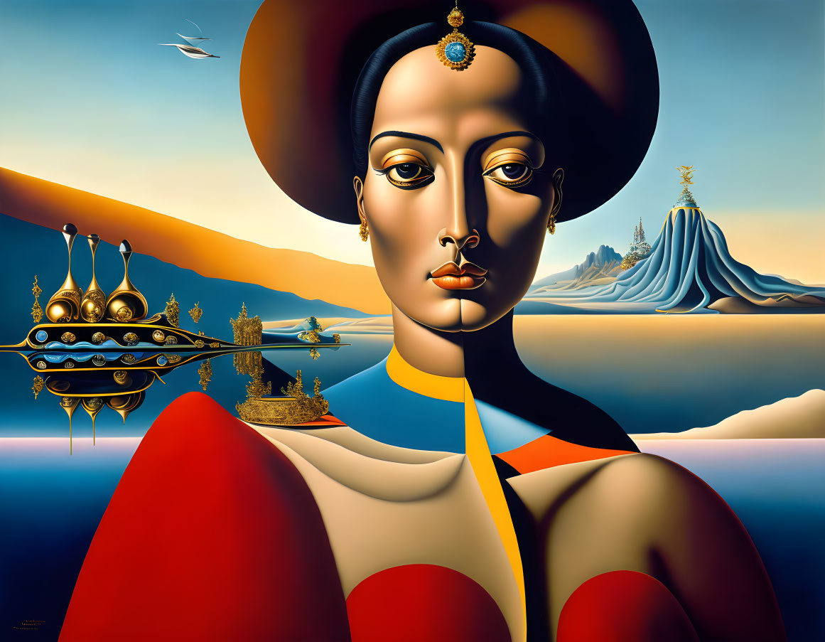 Surrealist painting of woman with elongated features by calm water