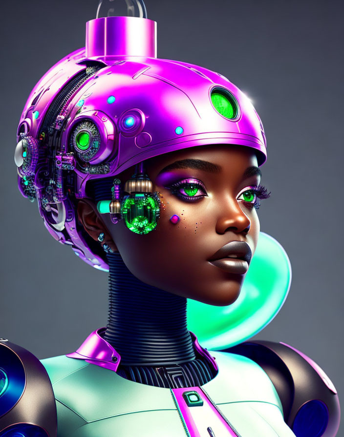 Futuristic woman with half-human, half-robotic look in pink and purple palette