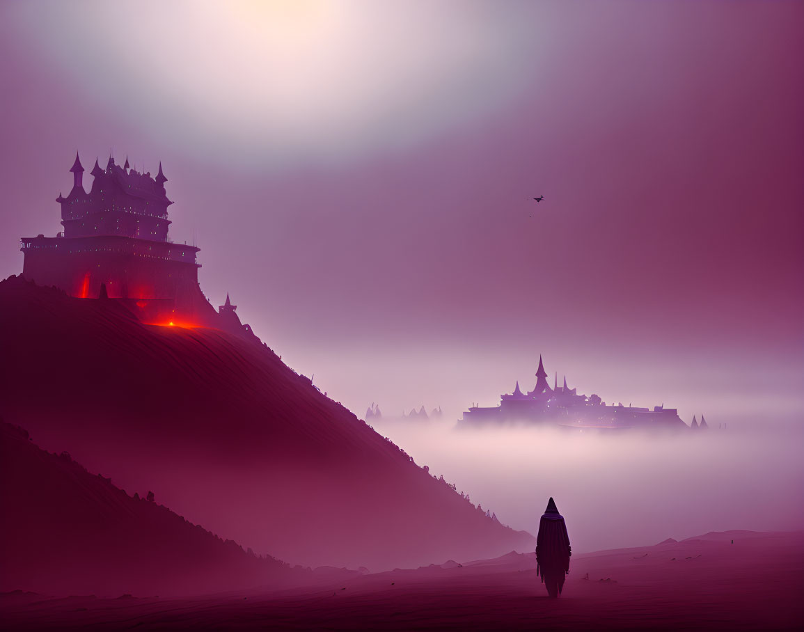 Silhouetted figure faces glowing castle in mystical landscape