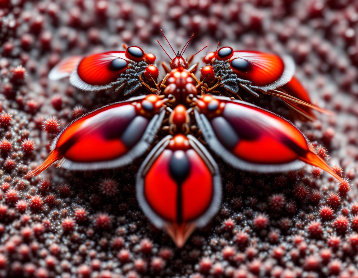 Symmetrical vibrant insect digital artwork with red, black, and white color scheme