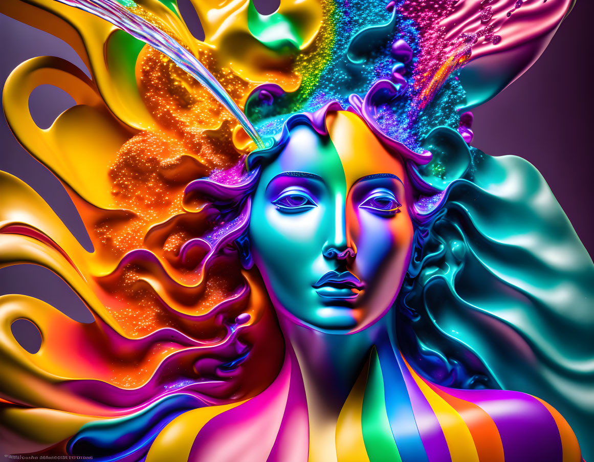 Colorful digital art blending woman's face with fluid shapes