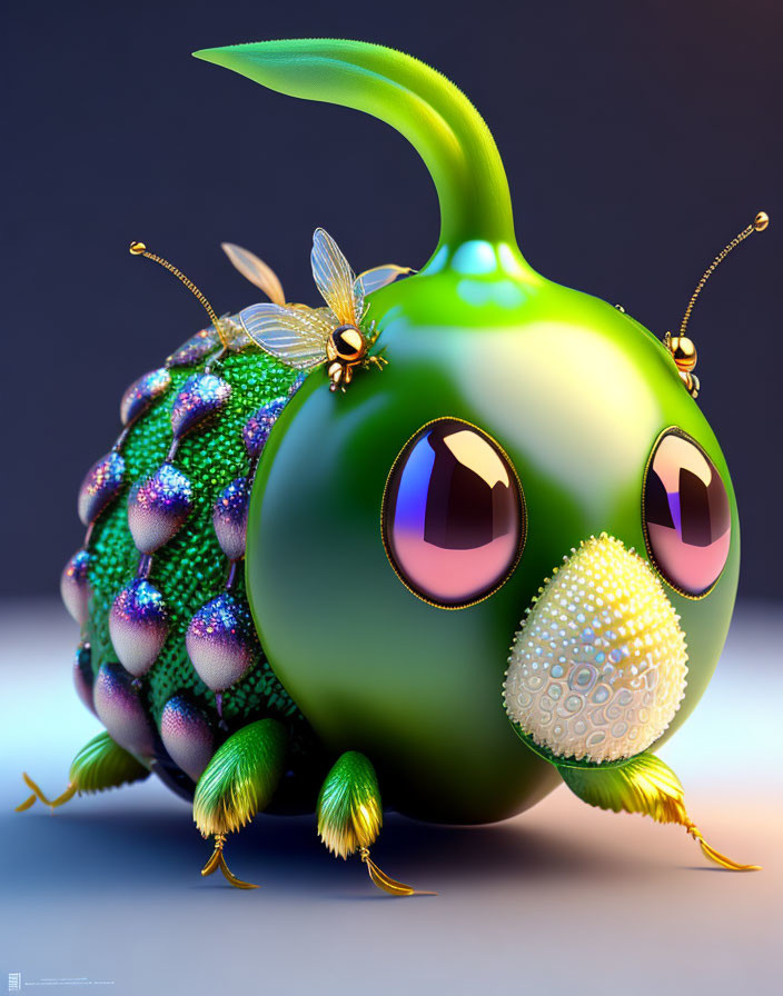 Colorful 3D Illustration of Whimsical Creature Resembling Green Fruit