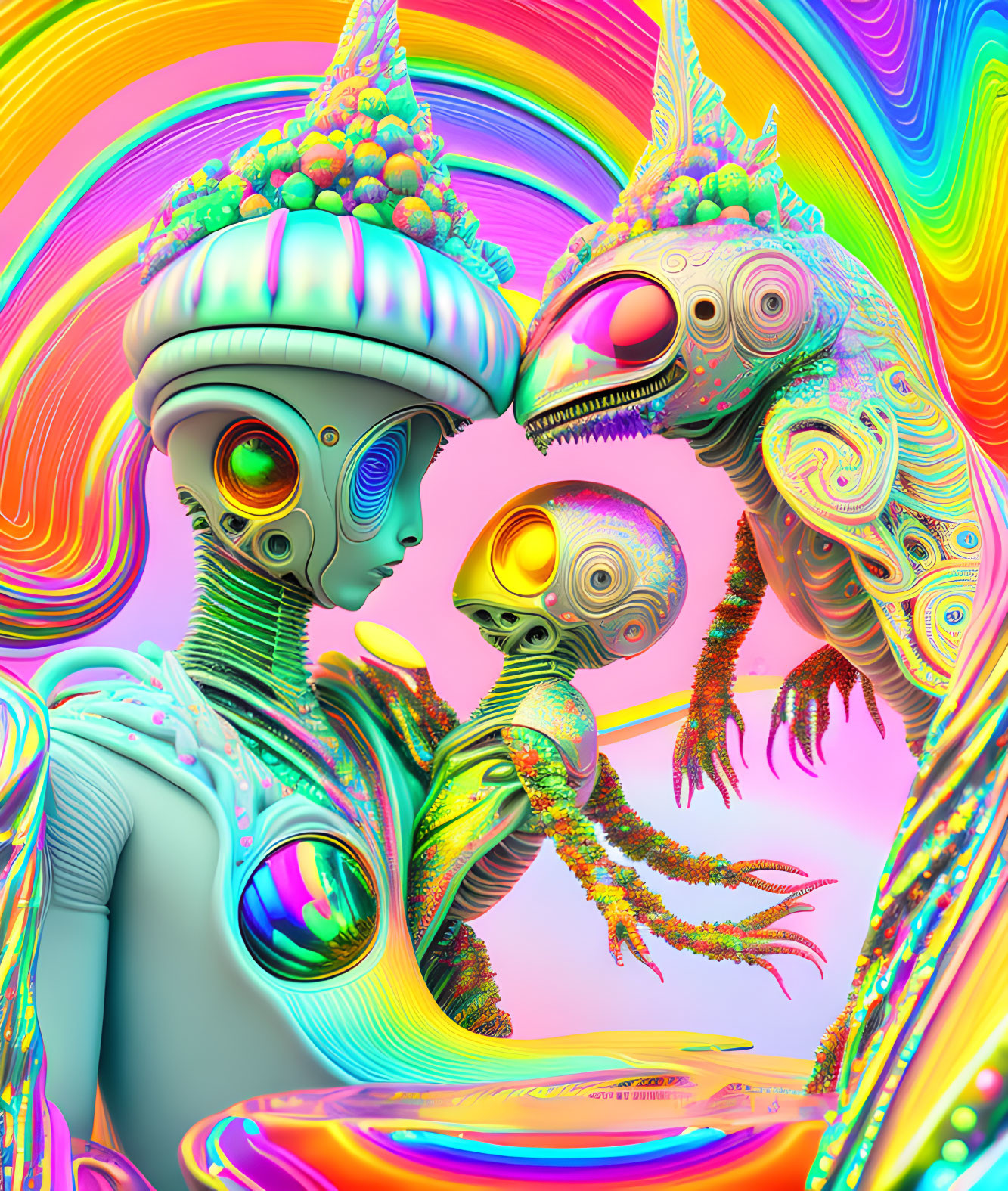 Colorful Futuristic Art: Three Stylized Beings on Psychedelic Rainbow Background