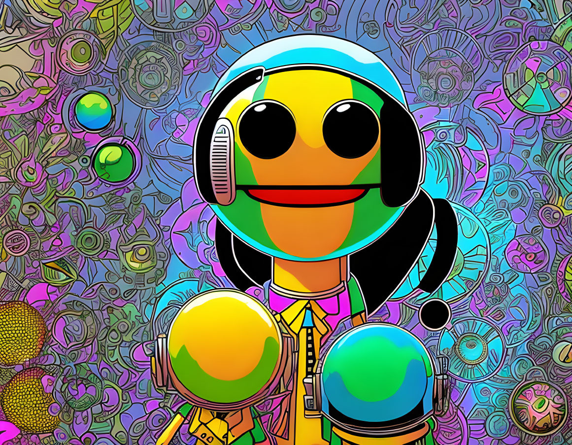 Colorful Astronaut Helmet Characters in Psychedelic Scene