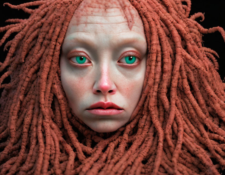 Striking portrait of a person with green eyes and red-tinted skin