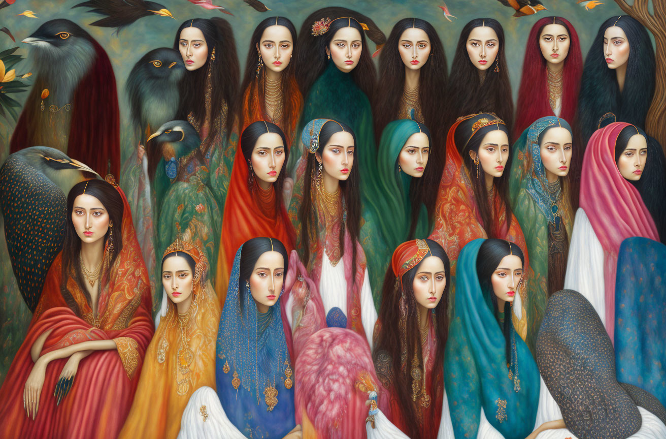 Multiple Women in Traditional Garb Surrounded by Birds in Surreal Setting