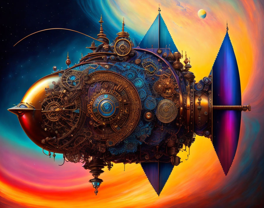 Steampunk-style airship against cosmic nebulae backdrop