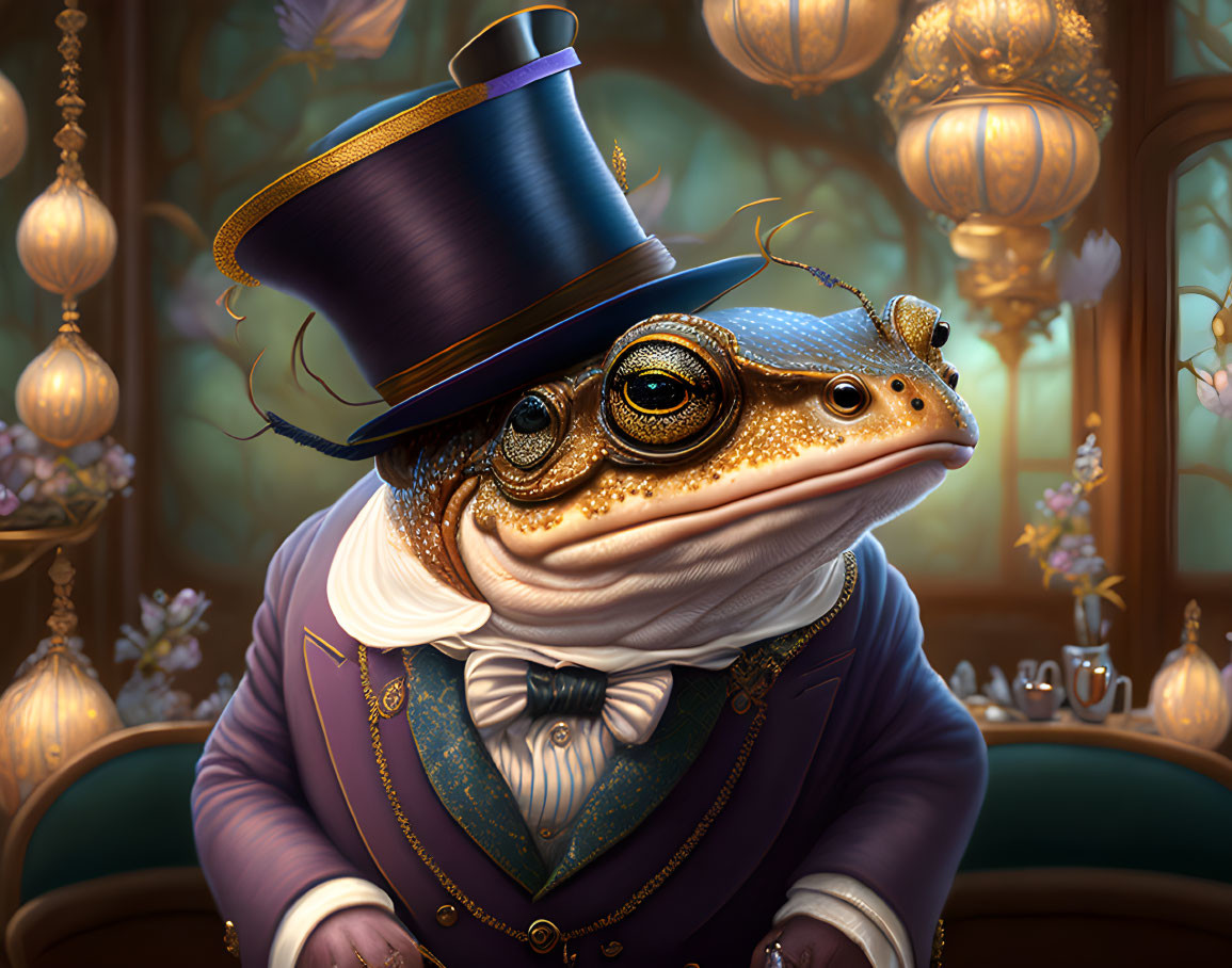 Anthropomorphic Toad in 19th-Century Attire and Elegant Setting