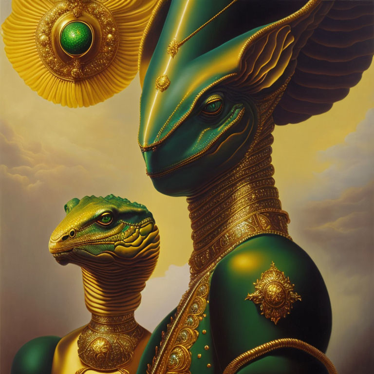 Regal humanoid reptilian creatures in golden armor on cloudy background