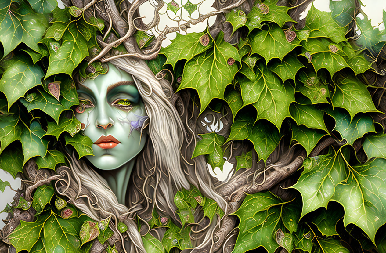 Mystical female figure with green skin and ivy in woodland setting