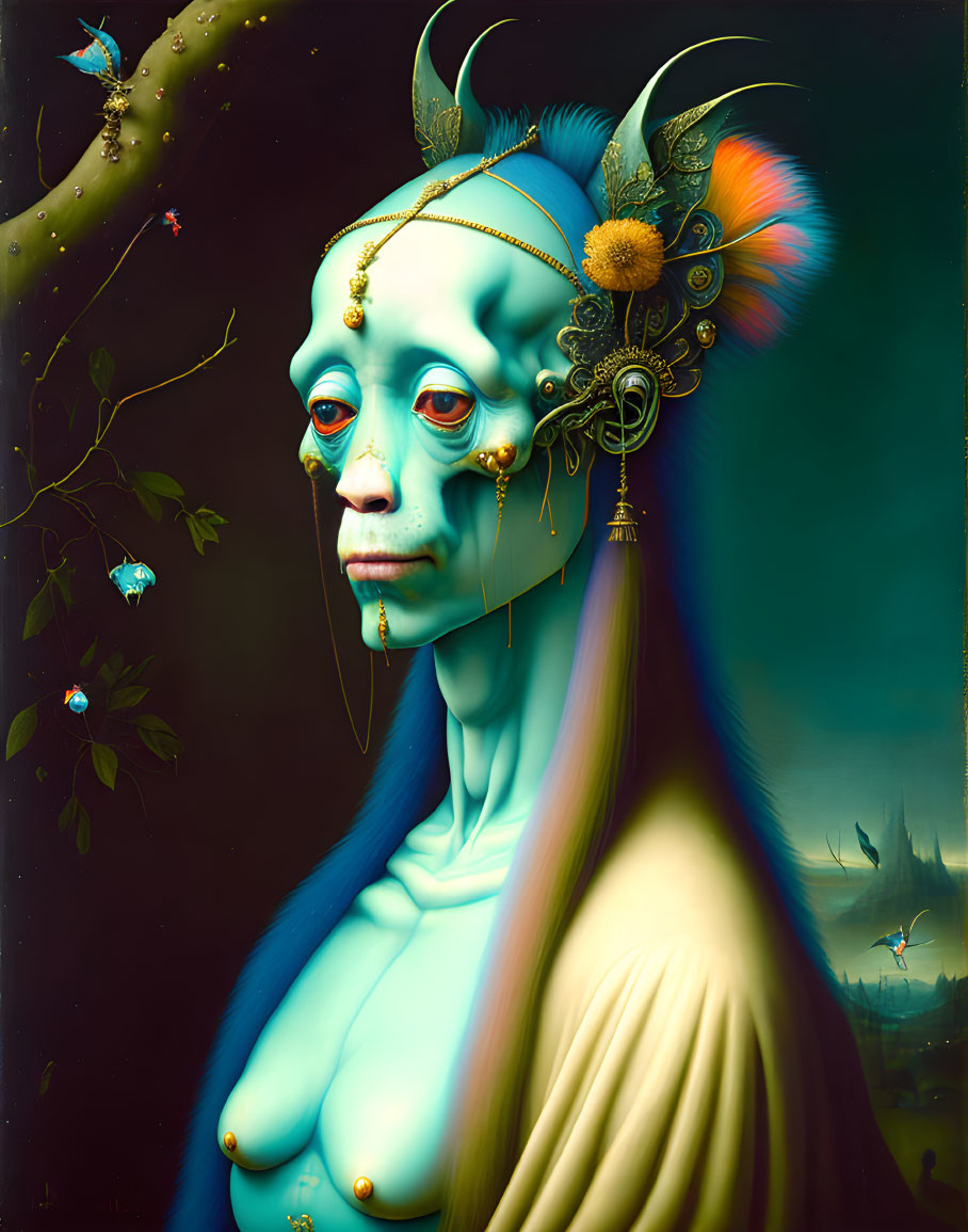 Blue-skinned humanoid with gold adornments in surreal portrait