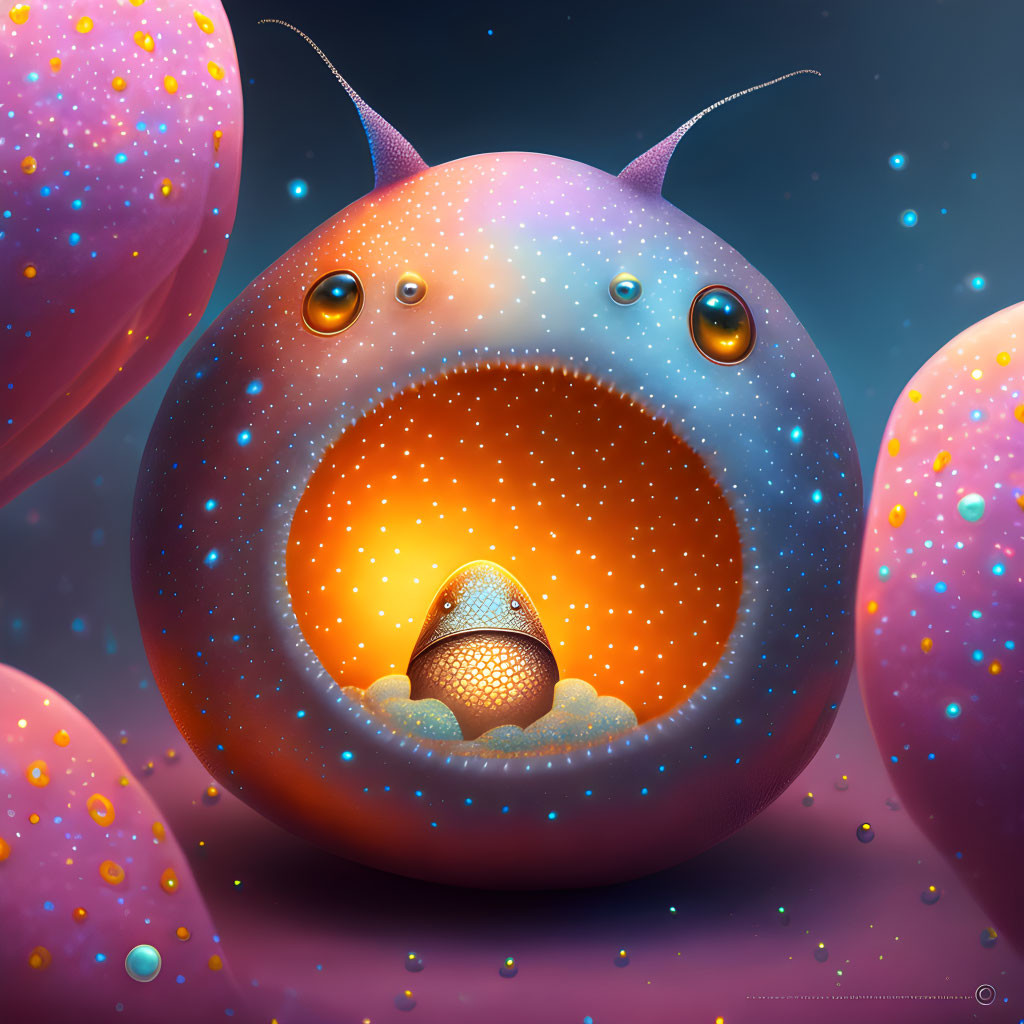 Whimsical creature with circular open mouth and luminous interior holding egg on pastel orb backdrop