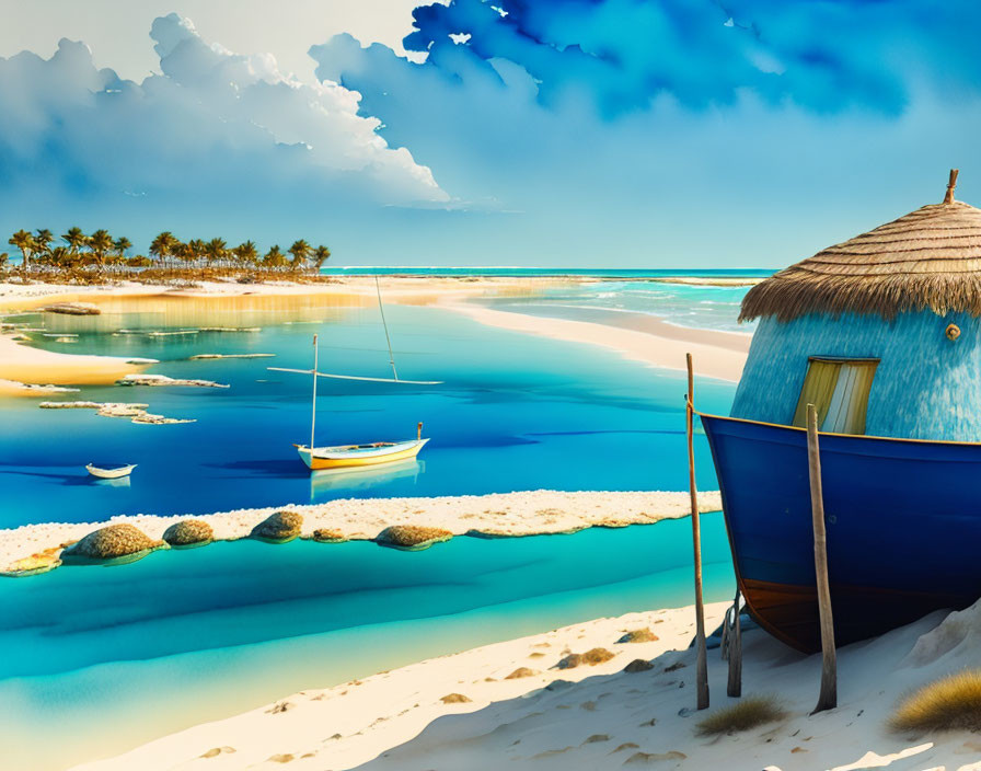 Thatched Hut on White Sand Beach with Palm Trees