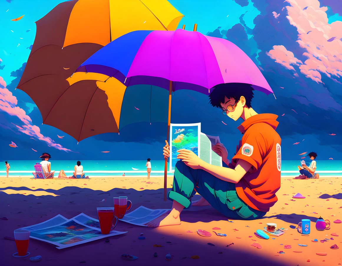 Person reading under multicolored beach umbrella with scattered items and distant figures