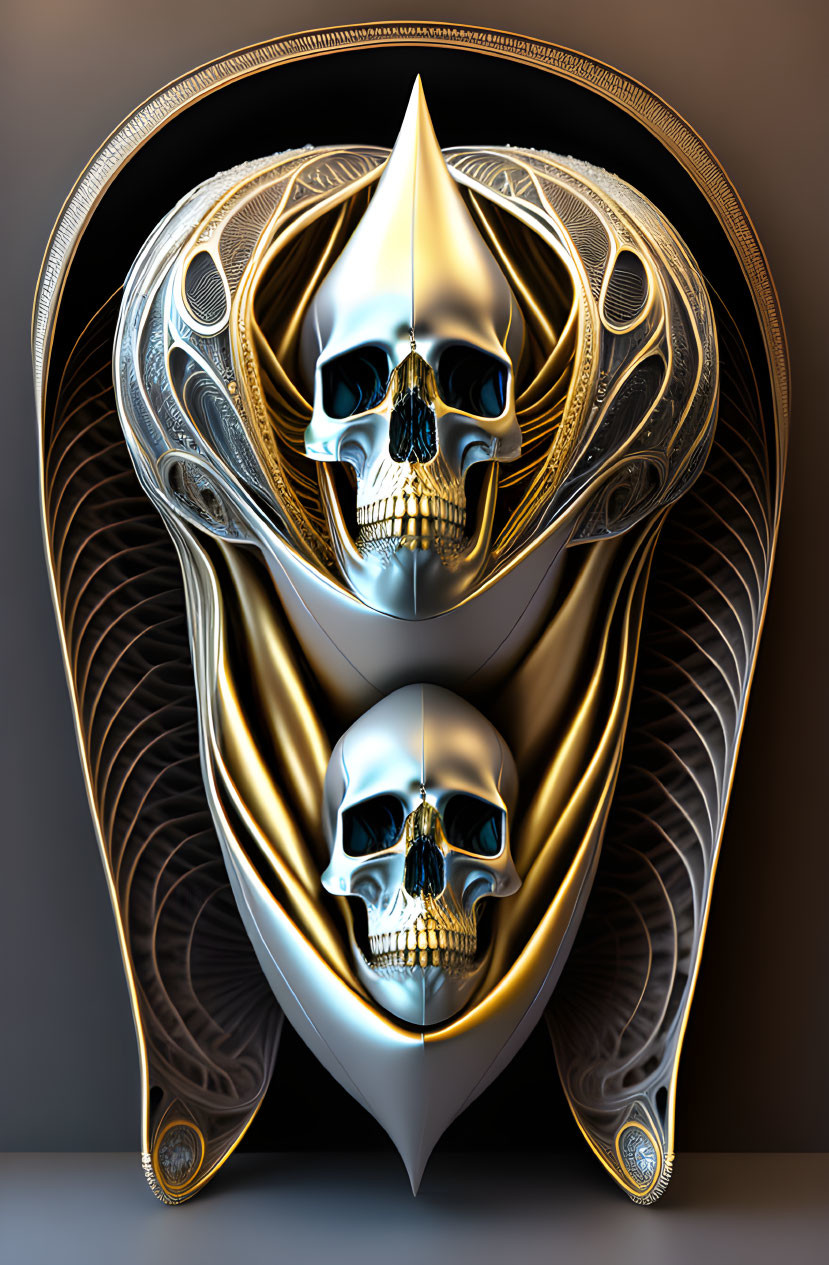 Symmetrical Skulls in Golden Frame on Dark Background