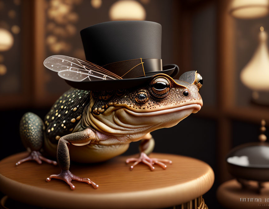 Stylized frog with top hat, monocle, and wings on wooden surface