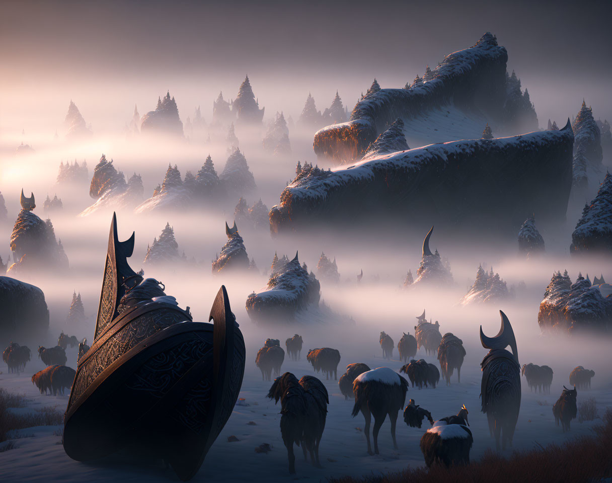 Mystical winter landscape with bison, Viking longships, and snow-covered pine trees