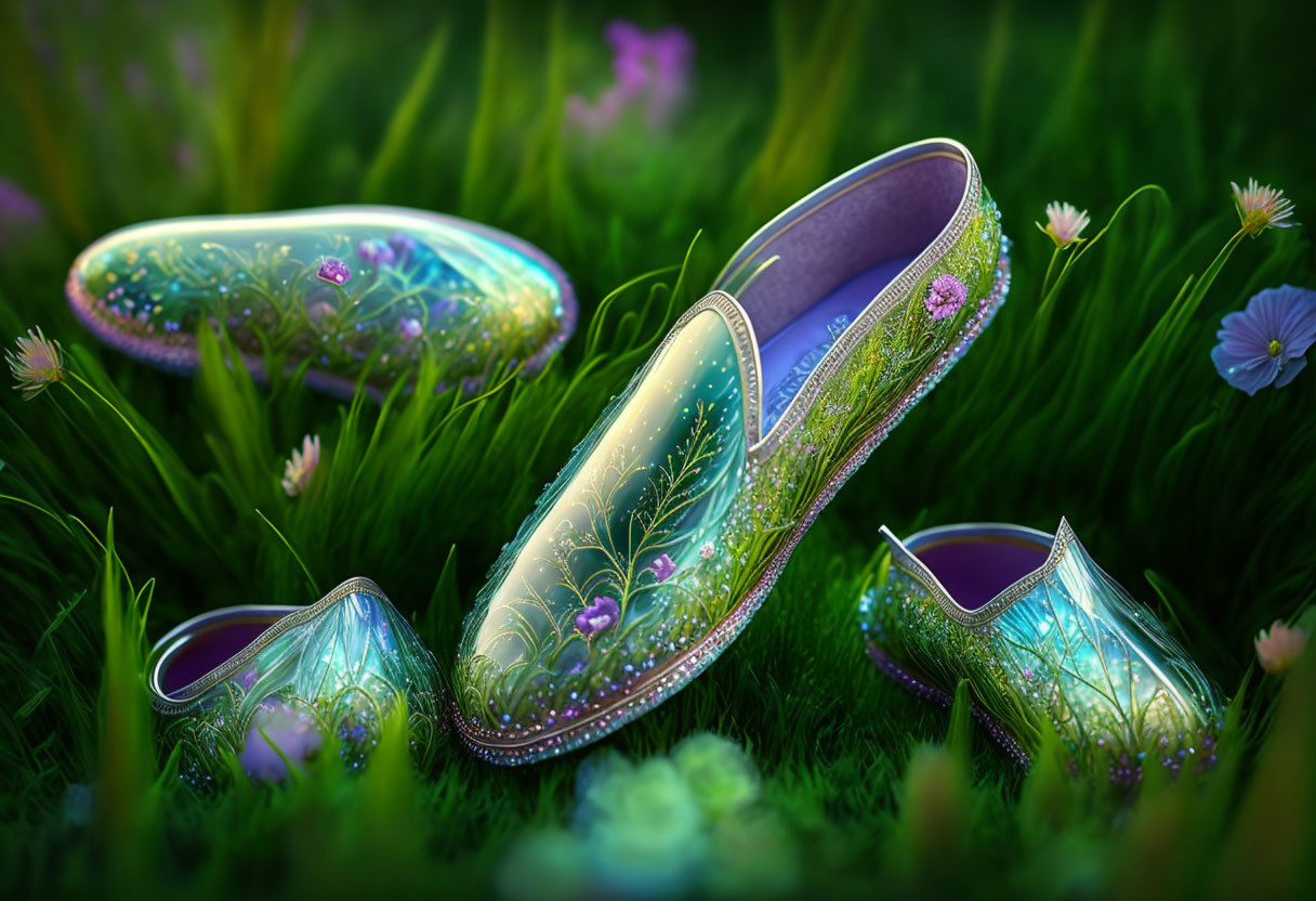 Iridescent Decorated Shoes in Lush Grass with Wildflowers