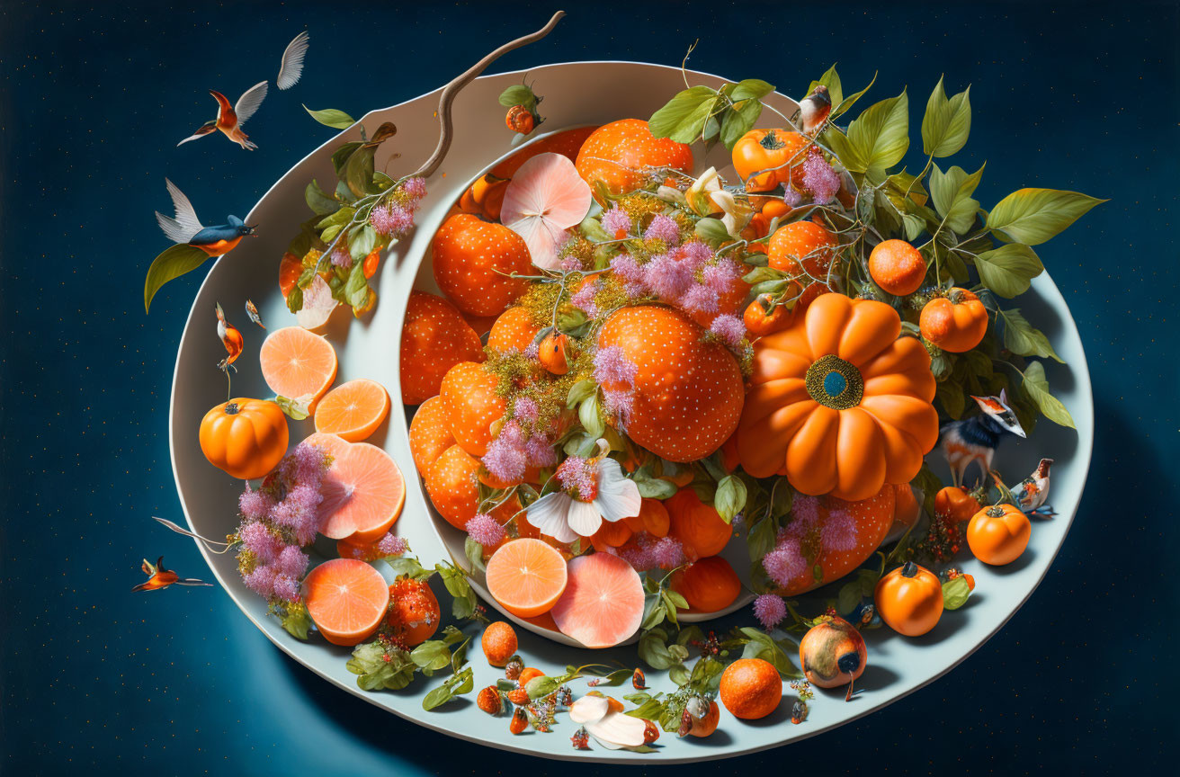 Surreal composition: oranges, flowers, birds on plate, dark blue celestial background