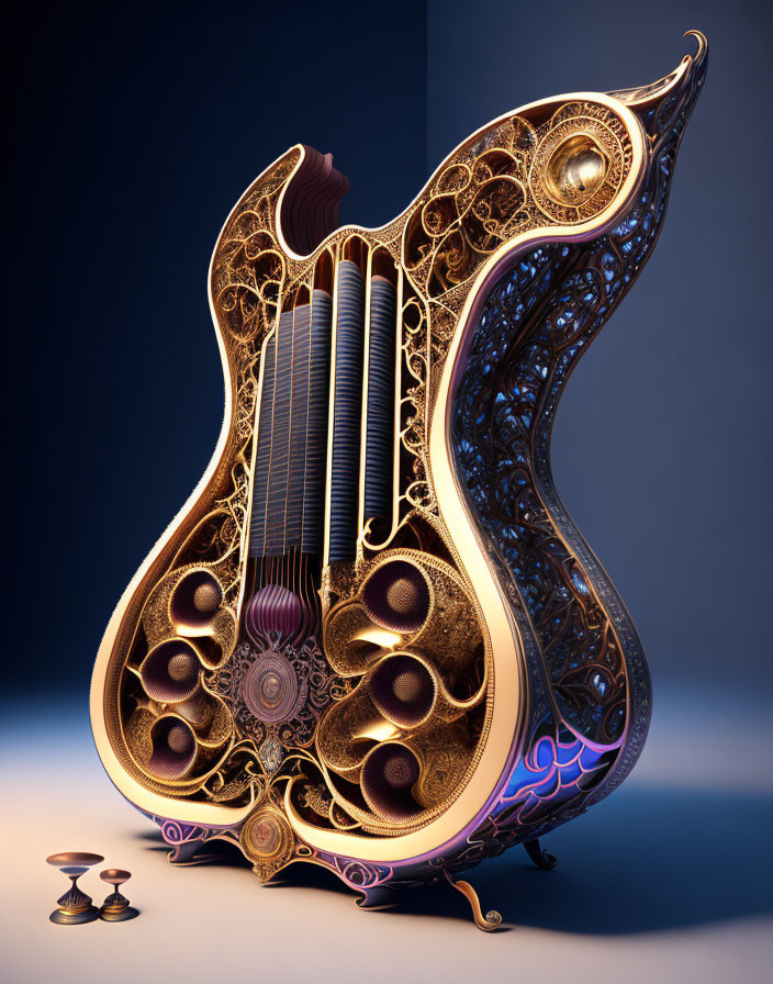 Baroque-style digital artwork of ornate guitar with gold patterns on dark background