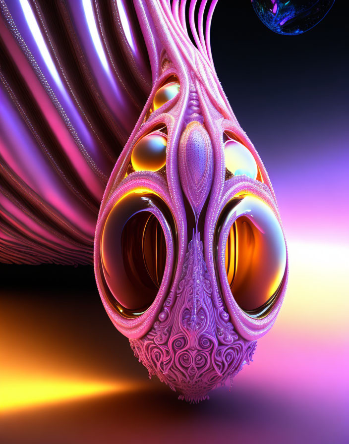 Abstract 3D artwork: Futuristic organic structure with reflective orbs and intricate patterns on purple and orange