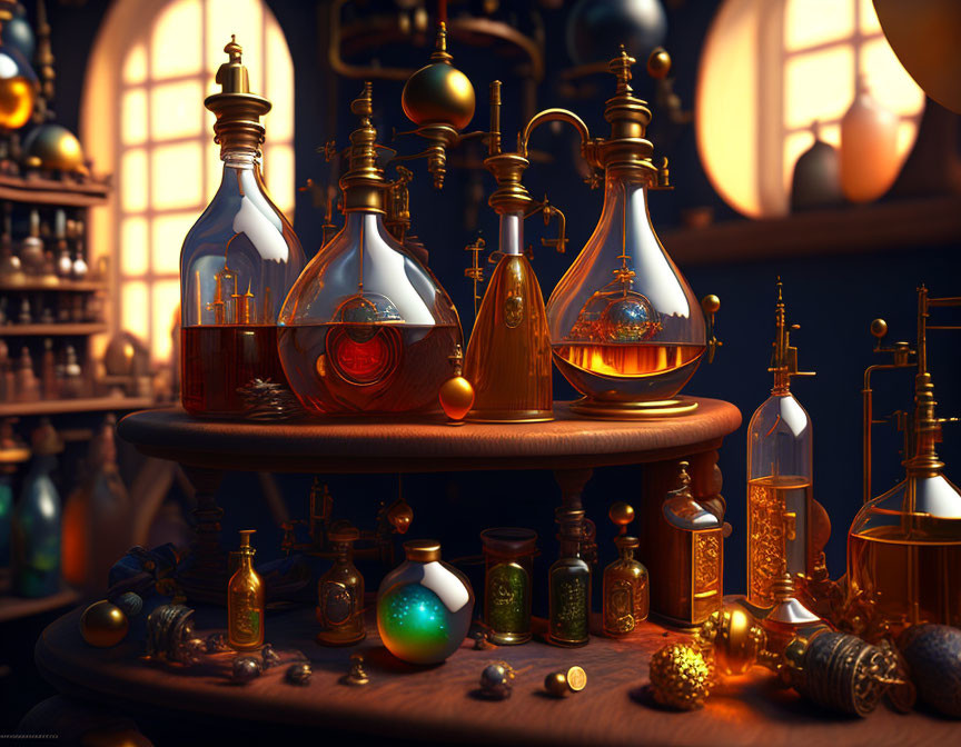 Colorful Liquids in Ornate Bottles in Dimly Lit Alchemist's Laboratory