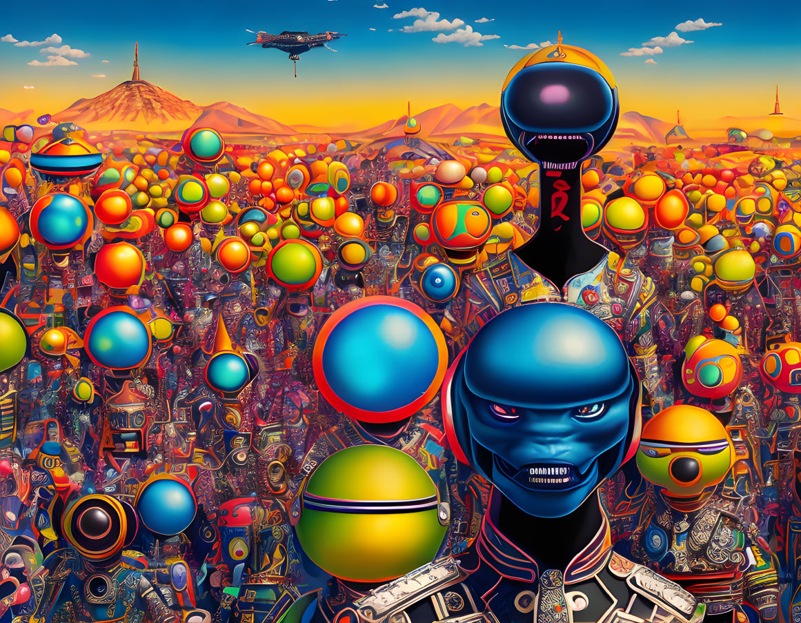 Vibrant futuristic art: robots, spheres, mechanical landscape, flying craft.