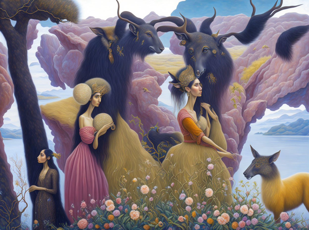 Surreal illustration of women with caprid traits in dreamlike landscape